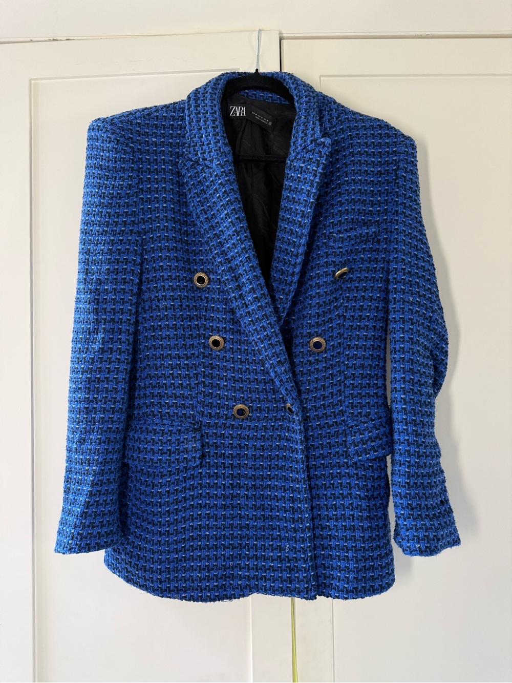 ZARA Blue Textured Double-Breasted Blazer with Gold Buttons